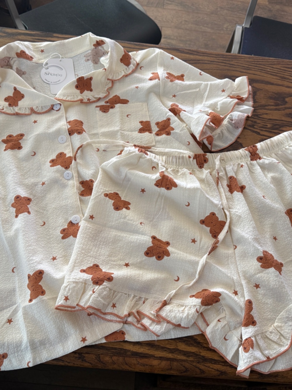 Cream Pajama Set with Brown Bear Print